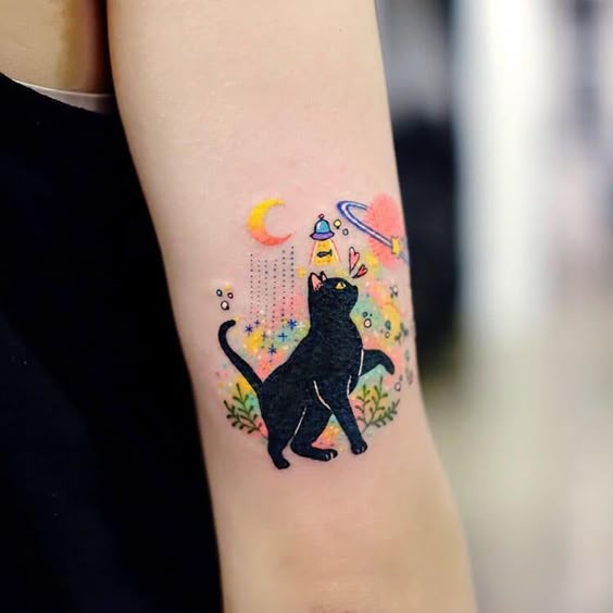Colorful and cute Kawaii-inspired cat tattoo designs